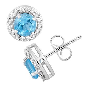 10k White Gold Swiss Blue Topaz & 1/6 Carat T.W. Diamond Halo Stud Earrings