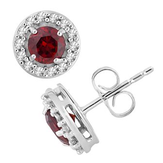 10k White Gold Garnet & 1/6 Carat T.W. Diamond Halo Stud Earrings