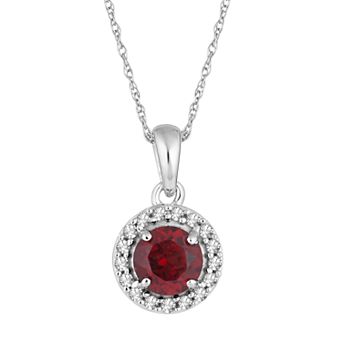 LOVEABLES 10k White Gold Garnet & 1/10 Carat T.W. Diamond Halo Pendant Necklace