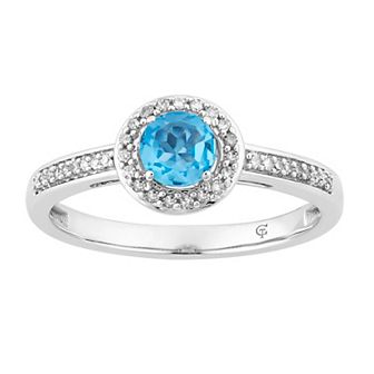 10k White Gold Swiss Blue Topaz & 1/6 Carat T.W. Diamond Halo Ring