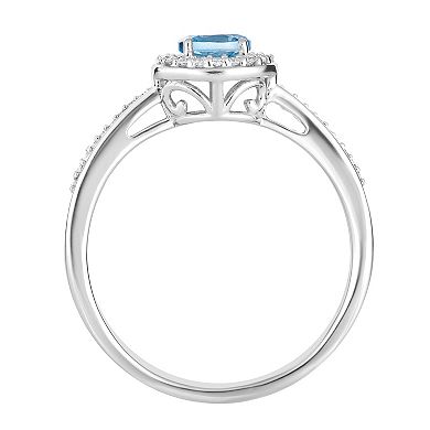 10k White Gold Swiss Blue Topaz & 1/6 Carat T.W. Diamond Halo Ring
