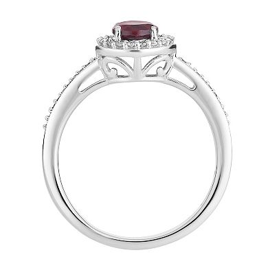 10k White Gold Garnet & 1/6 Carat T.W. Diamond Halo Ring
