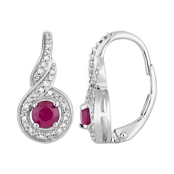 10k White Gold Ruby & 1/5 Carat T.W. Diamond Leverback Earrings