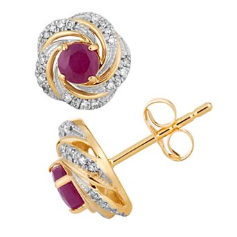 10k Gold Ruby & 1/8 Carat T.W. Diamond Swirl Stud Earrings