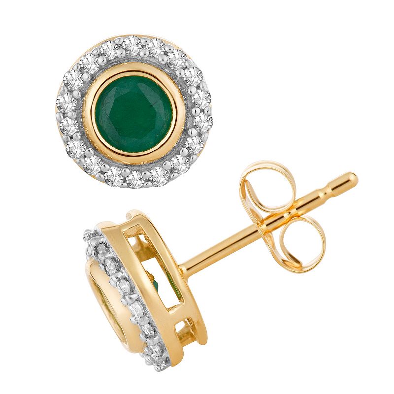 10k Gold Emerald & 1/10 Carat T.W. Diamond Halo Stud Earrings, Womens, Gre