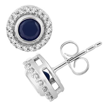 LOVEABLES 10k White Gold Sapphire & 1/10 Carat T.W. Diamond Halo Stud Earrings