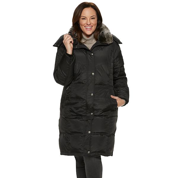 London Fog Faux Fur Collar Down Puffer Coat, Fur Collar Coat Womens Plus Size