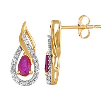 10k Gold Ruby & 1/6 Carat T.W. Diamond Teardrop Earrings