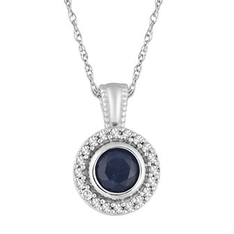 10k White Gold Sapphire & 1/10 Carat T.W. Diamond Halo Pendant Necklace
