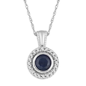LOVEABLES 10k White Gold Sapphire & 1/10 Carat T.W. Diamond Halo Pendant Necklace