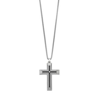 LYNX Men's Stainless Steel Carbon Fiber & Cubic Zirconia Cross Pendant Necklace