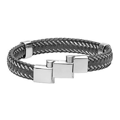 Mens LYNX Stainless Steel & Braided Leather Bracelet