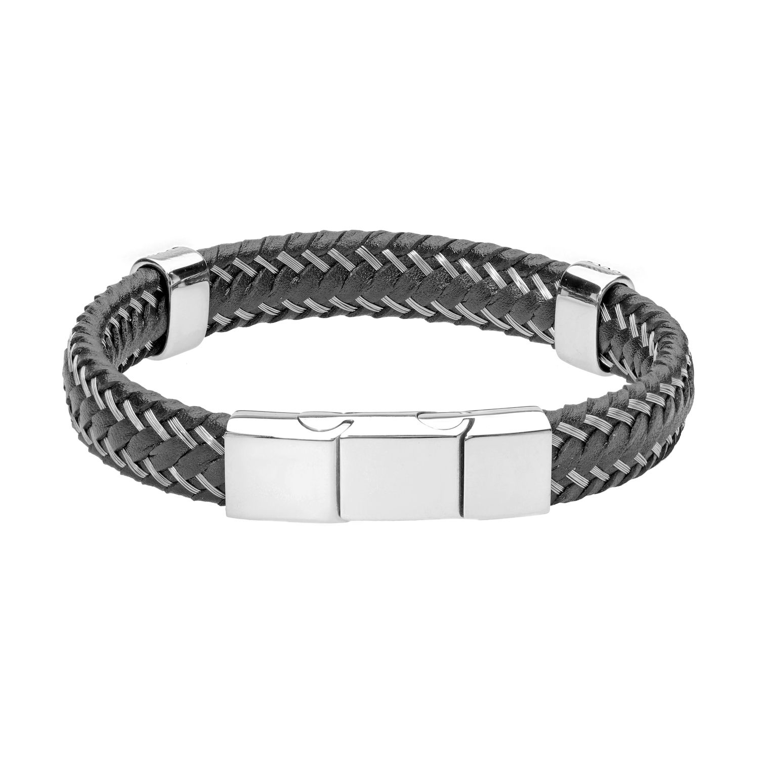 Van Heusen Men's Braided Leather Bracelet - Black With Stainless Steel Ornaments