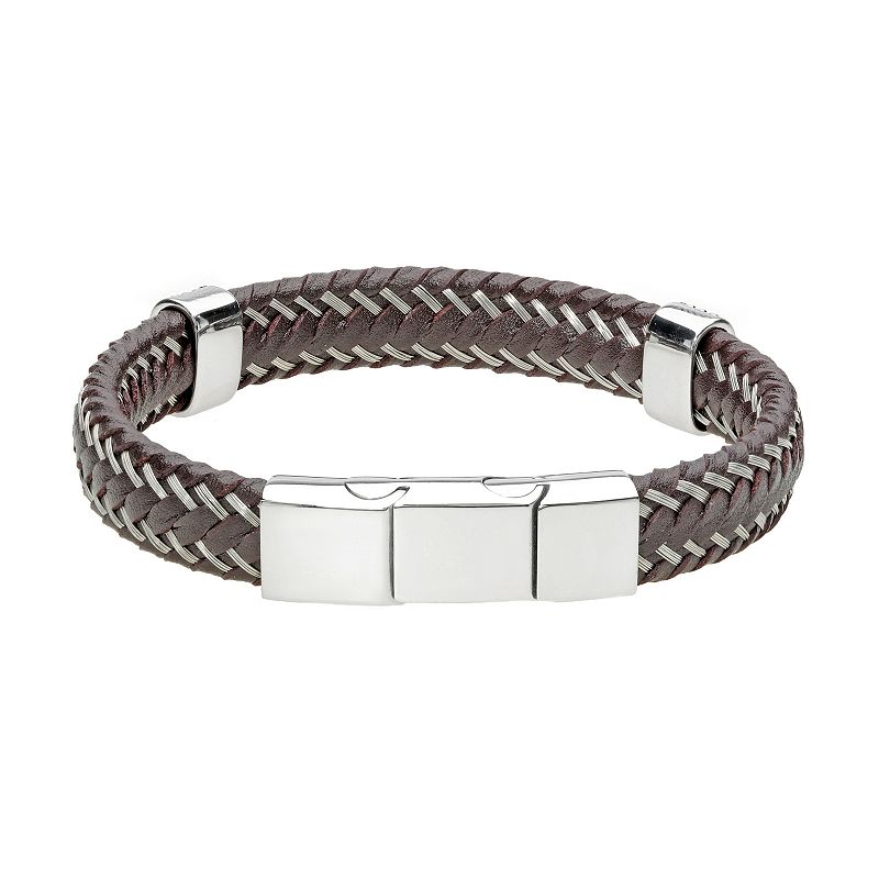 Mens LYNX Stainless Steel & Braided Leather Bracelet, Mens, Size: 10, W