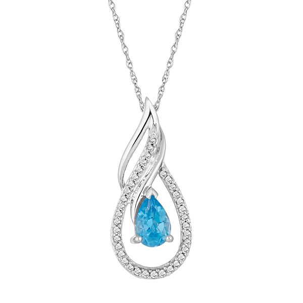 10k White Gold Swiss Blue Topaz & 1/10 Carat T.W. Diamond Pendant Necklace