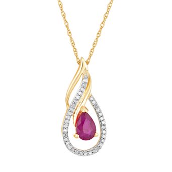 10k Gold Ruby & 1/10 Carat T.W. Diamond Teardrop Pendant Necklace