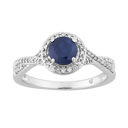 10k White Gold Sapphire & 1/4 Carat T.W. Diamond Halo Ring
