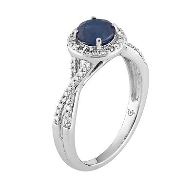 10k White Gold Sapphire & 1/4 Carat T.W. Diamond Halo Ring