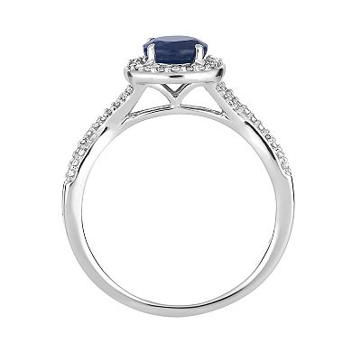 10k White Gold Sapphire & 1/4 Carat T.W. Diamond Halo Ring
