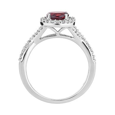 10k White Gold Garnet & 1/4 Carat T.W. Diamond Halo Ring