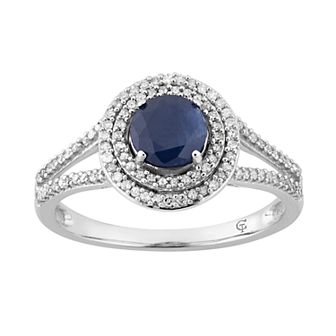 10k White Gold Sapphire & 1/3 Carat T.W. Diamond Halo Ring