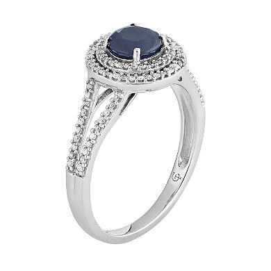 LOVEABLES 10k White Gold Sapphire & 1/3 Carat T.W. Diamond Halo Ring