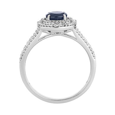 10k White Gold Sapphire & 1/3 Carat T.W. Diamond Halo Ring