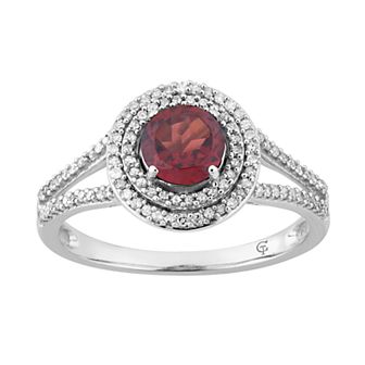 10k White Gold Garnet & 1/3 Carat T.W. Diamond Double Halo Ring