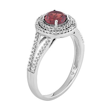 10k White Gold Garnet & 1/3 Carat T.W. Diamond Double Halo Ring