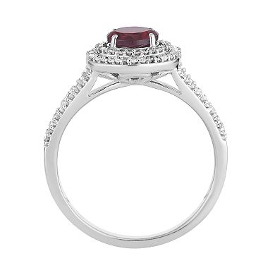 10k White Gold Garnet & 1/3 Carat T.W. Diamond Double Halo Ring
