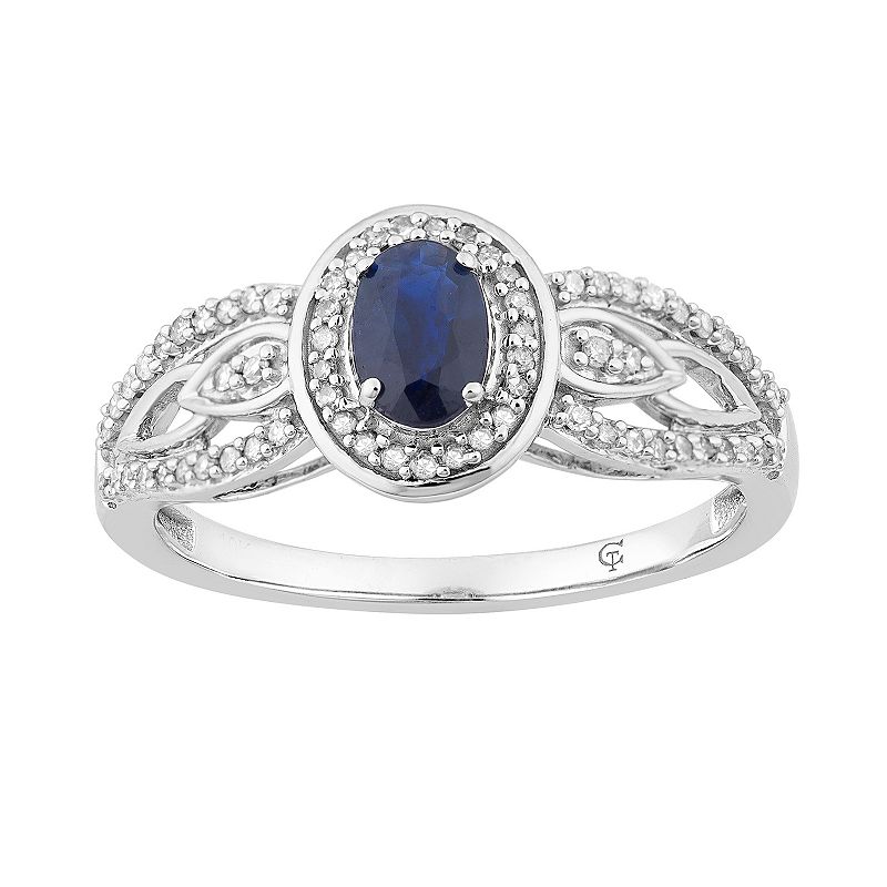 10k White Gold Sapphire & 1/4 Carat T.W. Diamond Oval Halo Ring, Womens, S