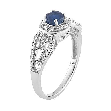 10k White Gold Sapphire & 1/4 Carat T.W. Diamond Halo Ring