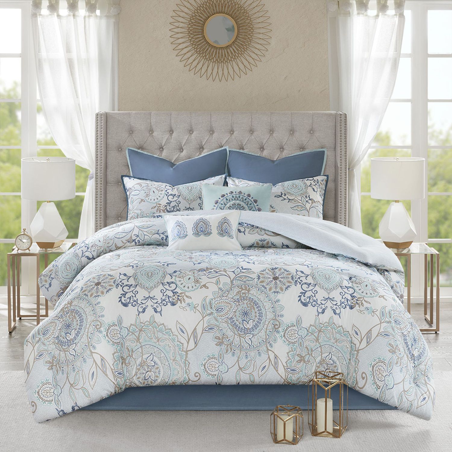 Joyreap 3-Piece Microfiber Quilt Set - Reversible Botanical Blue Leaves Bedspread Full/Queen