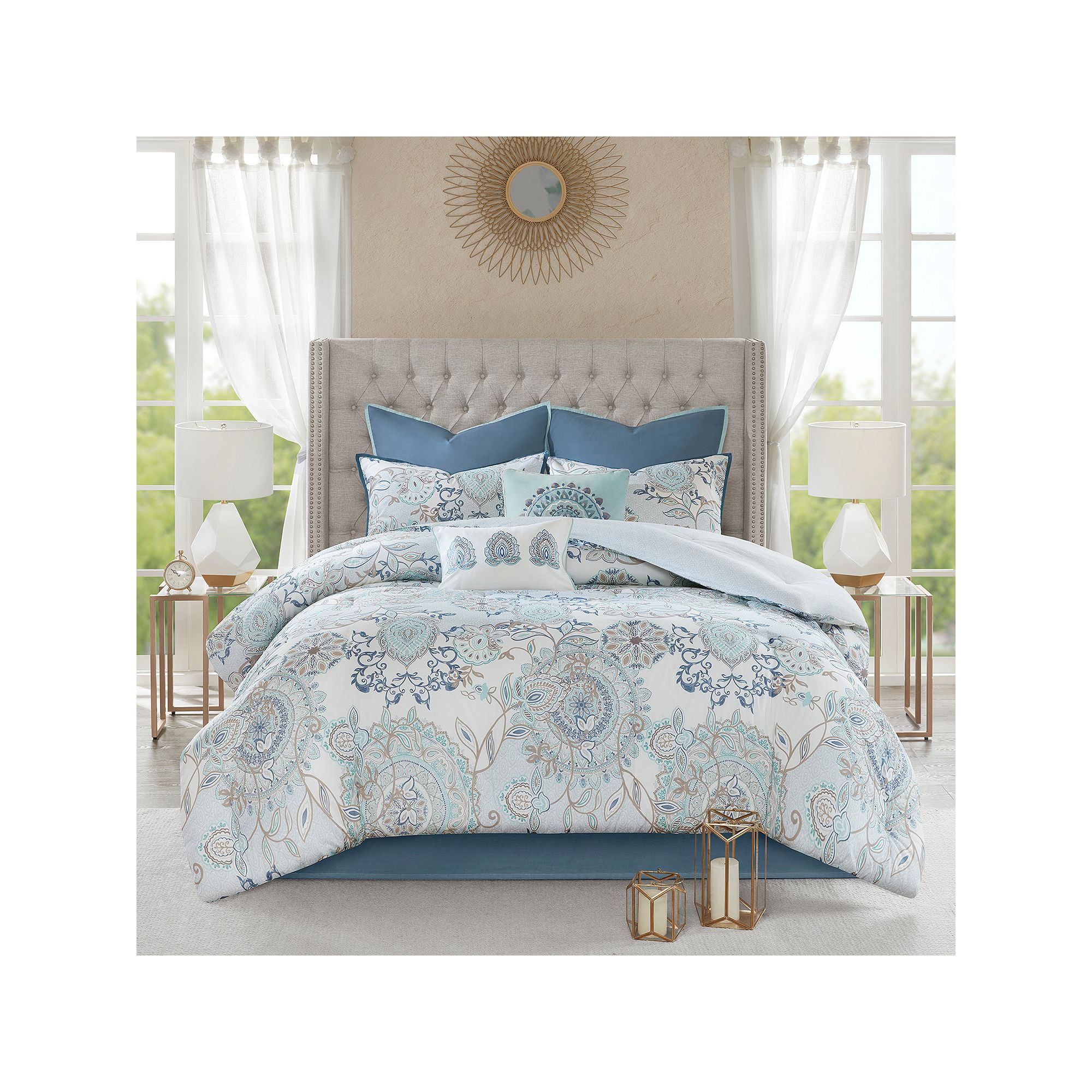 Madison Park Loleta 8-piece Reversible Comforter Set with Throw Pillows, Bl