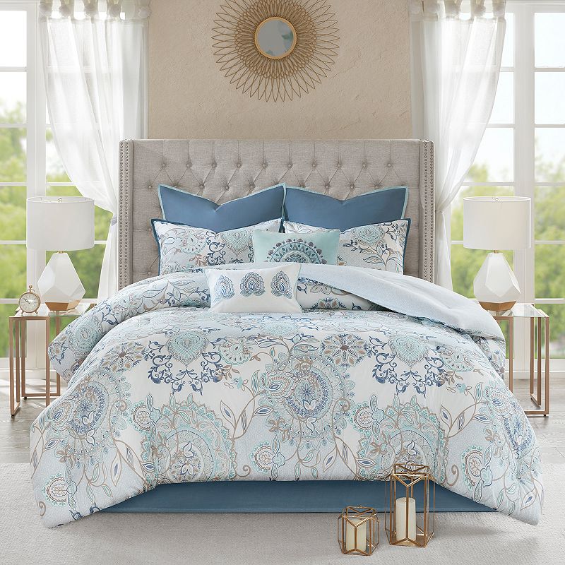 Madison Park Queen Isla 8-Piece Cotton Floral Printed Reversible Comforter Set  Blue