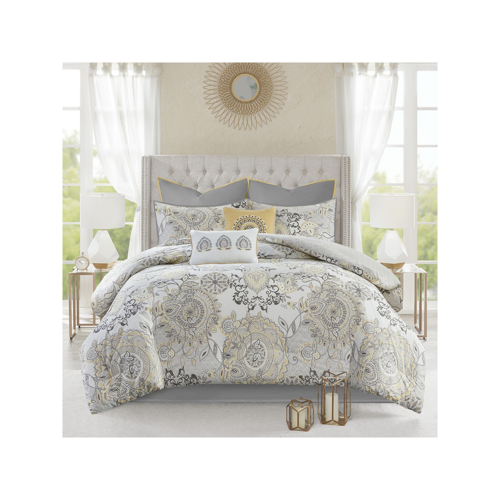 Madison Park Loleta 8-piece Reversible Comforter Set with Throw Pillows, Ye