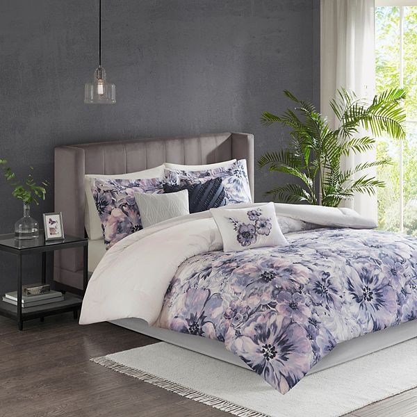 Madison Park Complete Comforter Bed Sheet Set Cotton Floral Purple King Size New 