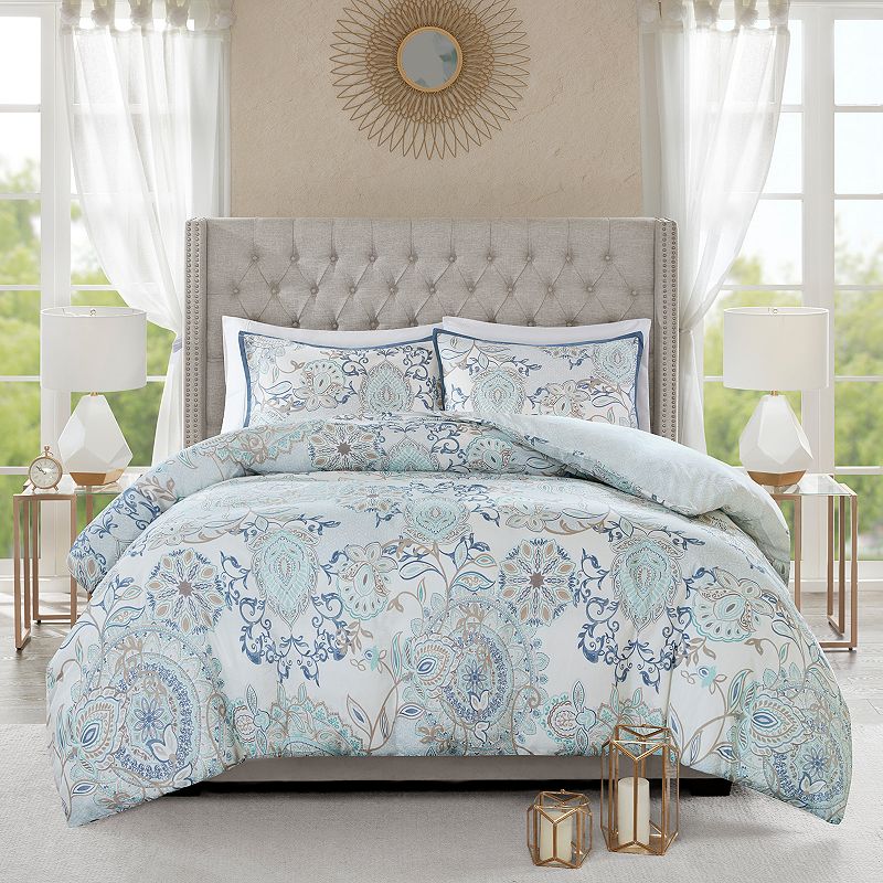 Madison Park 3pc Full/Queen Lian Printed Reversible Duvet Cover Set Blue: Percale, Botanical Pattern, Lightweight