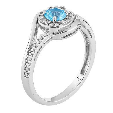 10k White Gold Swiss Blue Topaz & 1/5 Carat T.W. Diamond Halo Ring