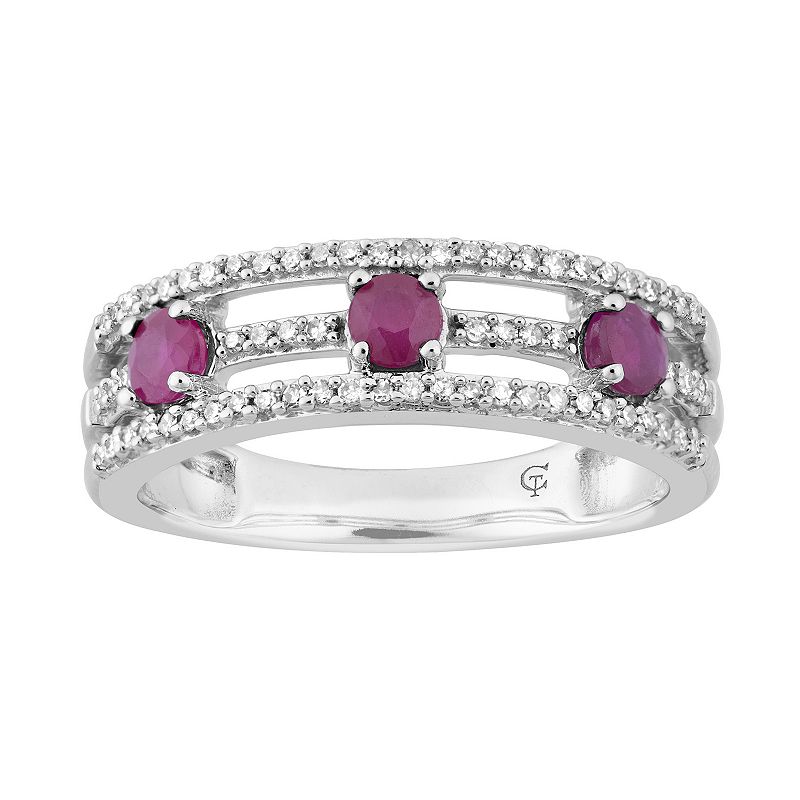 10k White Gold Ruby & 1/5 Carat T.W. Diamond 3-Stone Ring, Womens, Size: 6