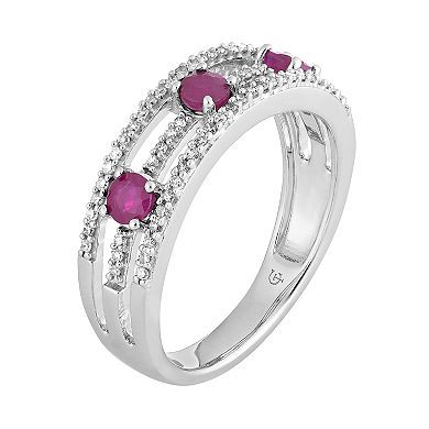 10k White Gold Ruby & 1/5 Carat T.W. Diamond 3-Stone Ring