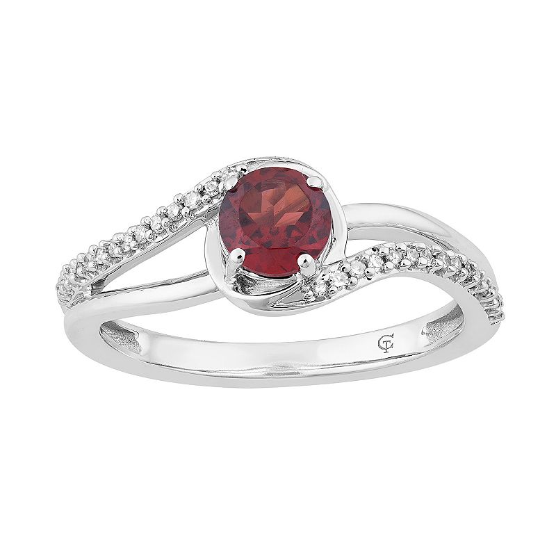 10k White Gold Garnet & 1/8 Carat T.W. Diamond Swirl Ring, Womens, Size: 6