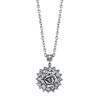 1928 Silver Tone Rose & Simulated Crystal Pendant Necklace