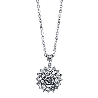 1928 Silver Tone Rose & Simulated Crystal Pendant Necklace