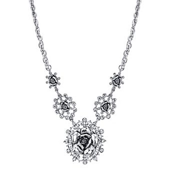 1928 Silver Tone Rose & Simulated Crystal Necklace