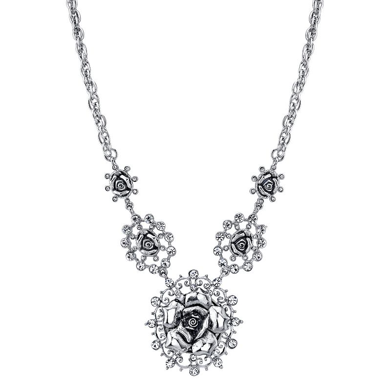 82647638 1928 Silver Tone Rose & Simulated Crystal Necklace sku 82647638