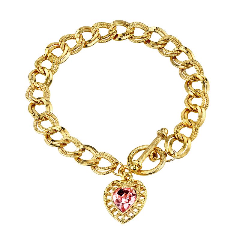 1928 Simulated Crystal Heart Charm Bracelet, Womens, Size: 7.5, Pink