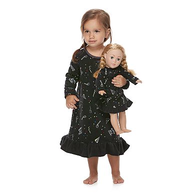 Toddler Girl Jammies For Your Families New Year's Eve Microfleece Party Pattern Nightgown & Doll Gown Pajama Set