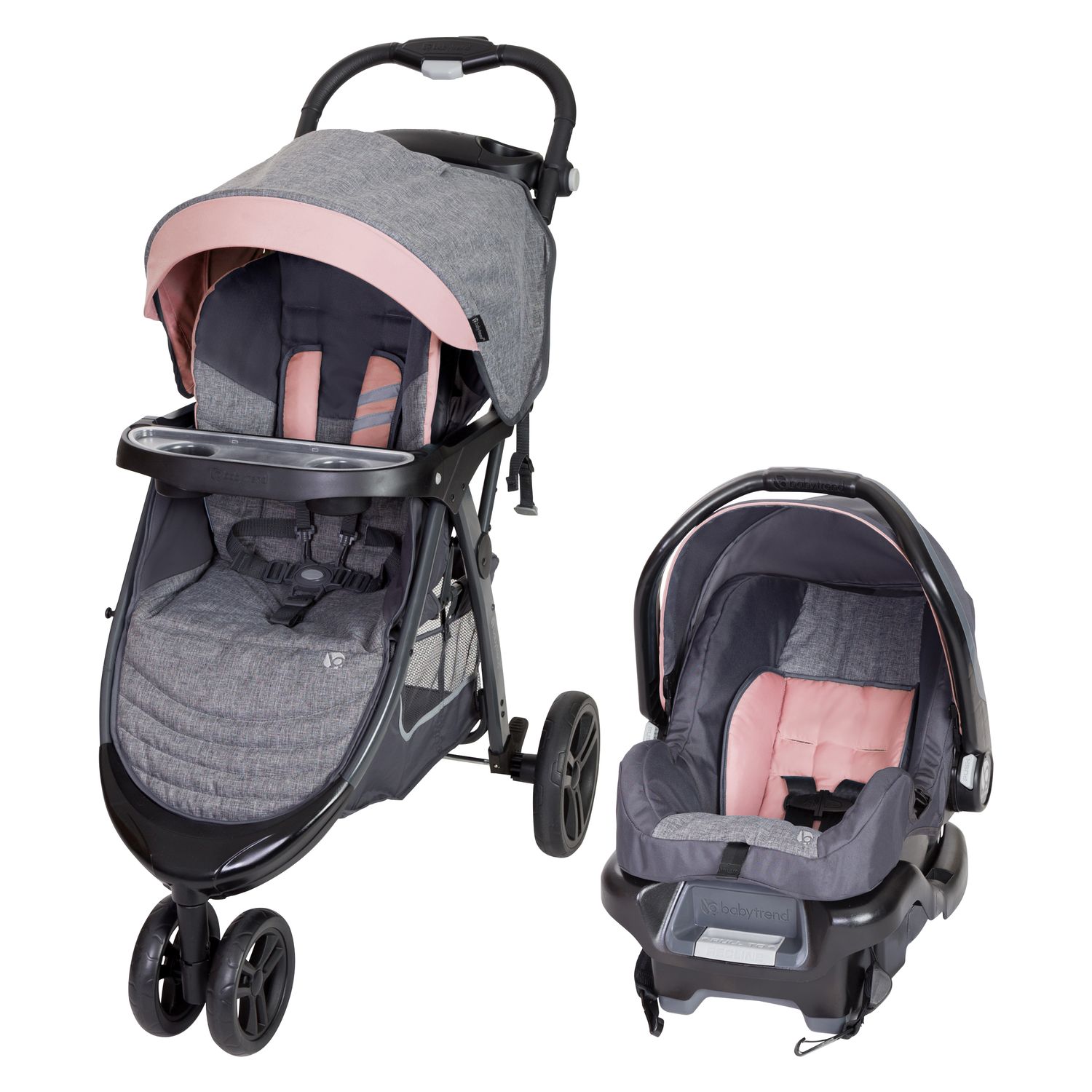 pink and grey stroller and carseat