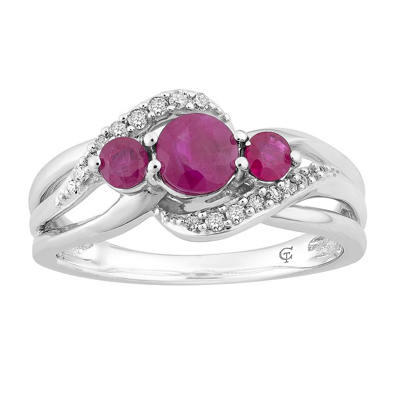 10k White Gold Ruby & Diamond Accent 3-Stone Ring, Womens, Size: 6, Red